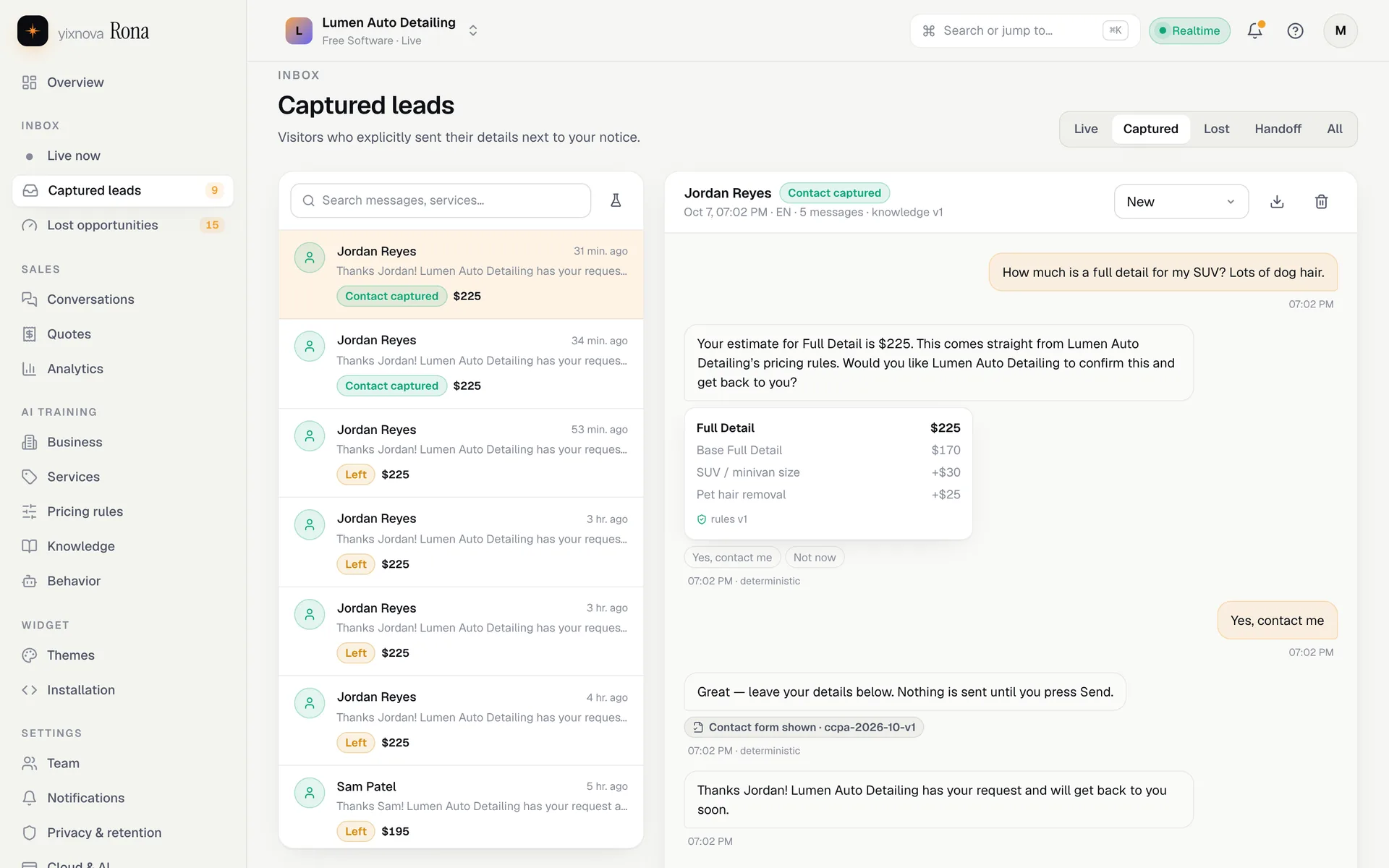 Conversation panel of the Yixnova Rona dashboard
