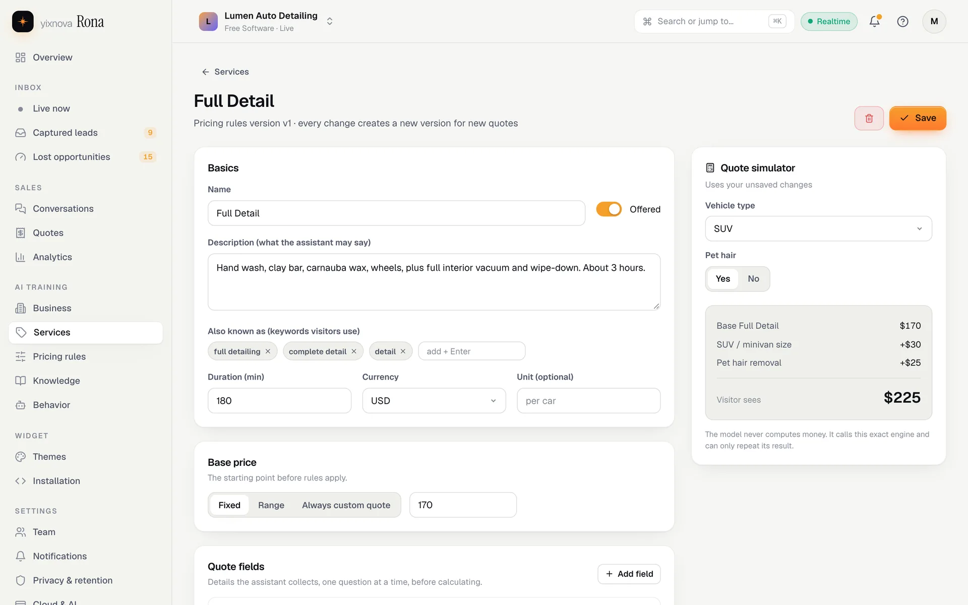 Pricing rules panel of the Yixnova Rona dashboard