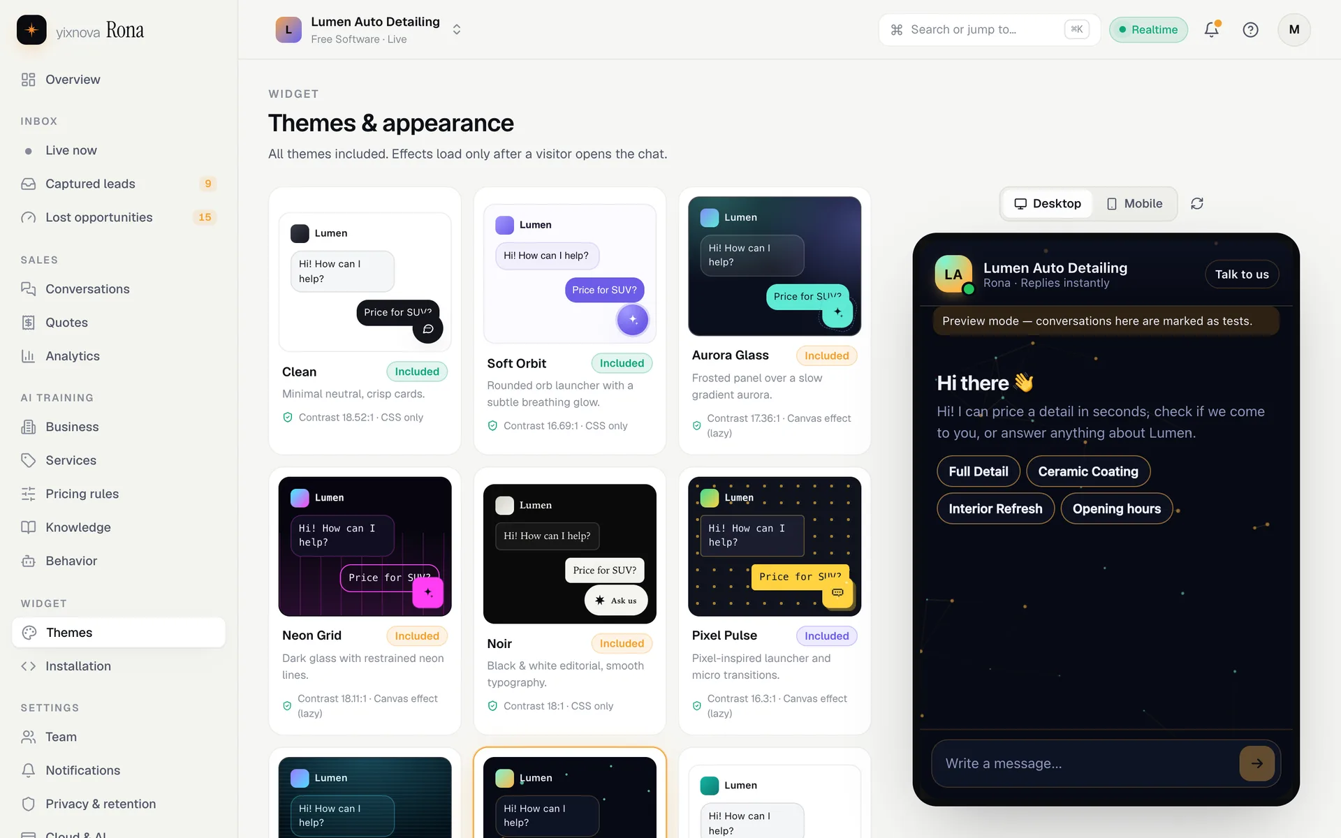 Themes panel of the Yixnova Rona dashboard